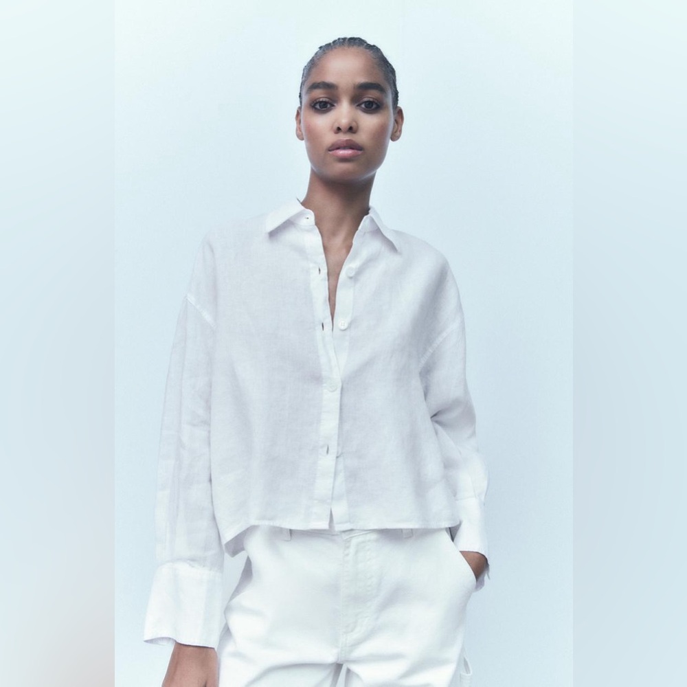 Brand New w Tags! ZARA Cropped Linen Shirt Oyster White Size M